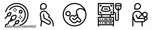Conjunto de iconos de embarazo. Fecundación, desarrollo y crecimiento. Fertilización, mujer embarazada, bebé en vientre, madre e hijo, ecografía. Ilustración vectorial