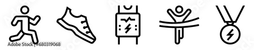 Conjunto de iconos de correr. Actividad física. Persona corriendo, zapatillas, reloj deportivo, ganador de la carrera, medalla de la competencia. Ilustración vectorial