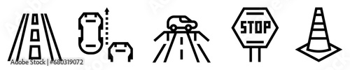 Conjunto de iconos de autopista. Conducción vial. Carretera, coches en movimiento, paso elevado, stop, cono de tráfico. Ilustración vectorial photo