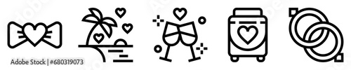 Conjunto de iconos de luna de miel. Matrimonio, lazo con corazón, vacaciones de pareja, brindis de amor, maleta de equipaje, anillos de boda. Ilustración vectorial