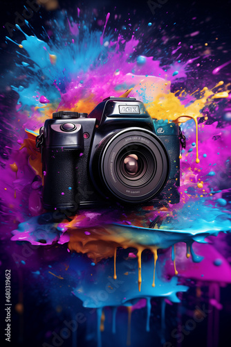 A camera with rainbow colors on a background