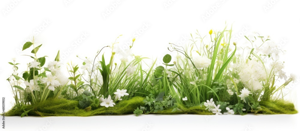 In an isolated white background, an abstract image of summer is portrayed through vibrant nature- spring grass, leaf, and white floral garden, all in the magnificent shades of green. The colors depict - obrazy, fototapety, plakaty 