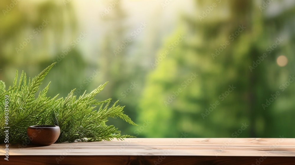 Wooden table on the background of trees, mockup for product presentation, natural environment Wooden table on the background of trees, mockup for product presentation, natural environment