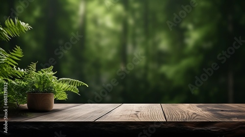 A wooden table for product presentation, with a forest visible in the background