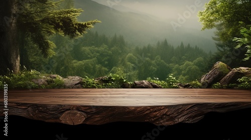 Empty wooden table against the background of a forest landscape  mockup for presenting a natural product