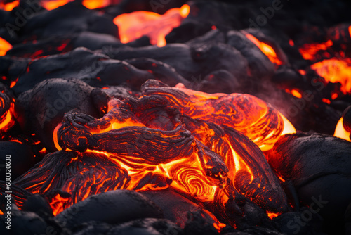 close up of molten magma lava flowing from an active volcano