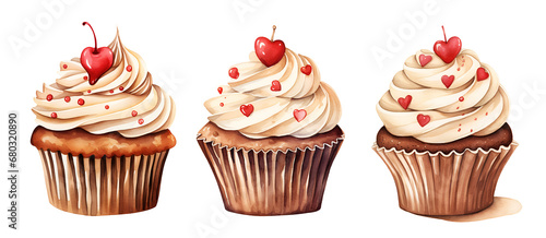 Cupcakes, valentine's day, watercolor clipart illustration with isolated background.