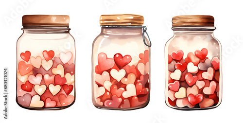 Jar with hearts, valentine's day, watercolor clipart illustration with isolated background.