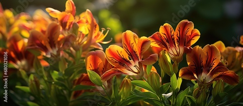 In the summer garden, surrounded by a vibrant green background, the Alstroemeria flowers bloomed, showcasing their colorful petals in shades of orange, red, and yellow, adding a lively burst of © AkuAku