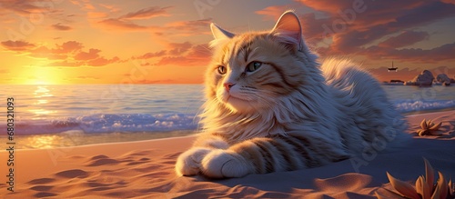 As the sun sets on the horizon  casting vibrant hues of orange and pink across the sky  the cat lounges lazily on the sandy beach  mesmerized by the rhythmic crashing of waves against the glistening