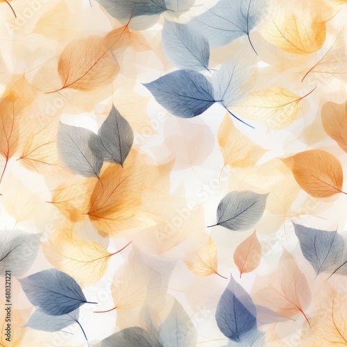 Seamless pattern with autumn colors foliage skeleton and translucent texture on a white background