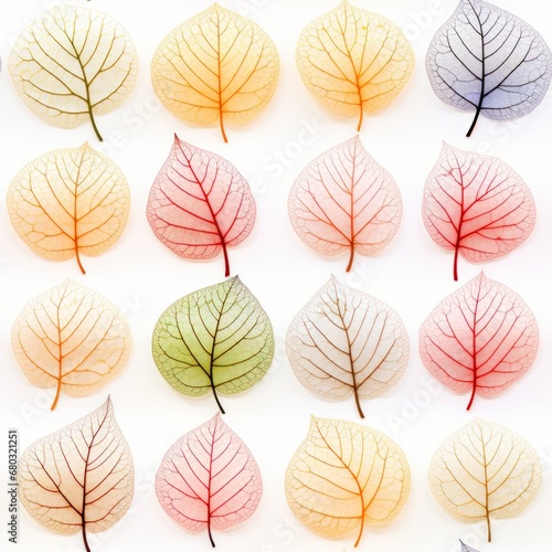 Seamless pattern of translucent foliage skeleton with autumn colors on a white background