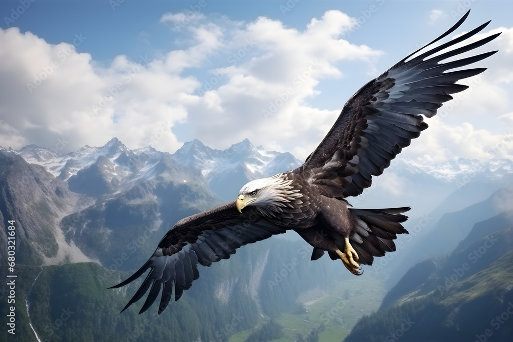 Fototapeta premium Weißkopfseeadler im Flug über den Bergen, erstellt mit generativer KI