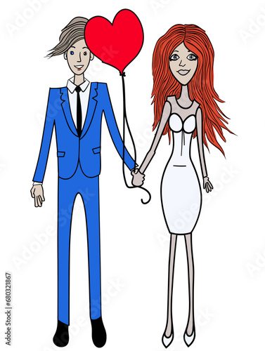 A Man And Woman Holding Hands And Holding A Balloon - Cartoon bride and groom are holding heart poster