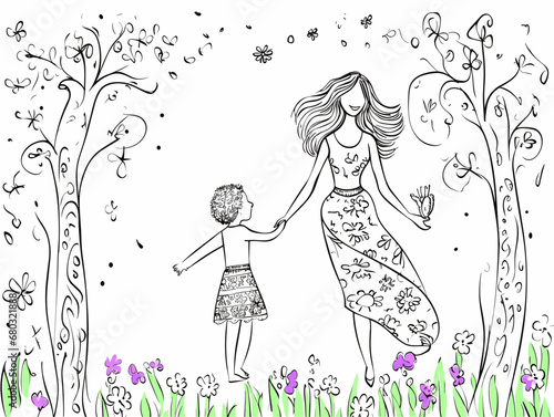 A Woman And A Child Walking Through A Garden - Cartoon card for Mother s Day