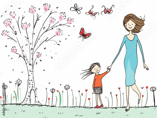 A Woman And A Child Walking By A Tree - Cartoon card for Mother s Day