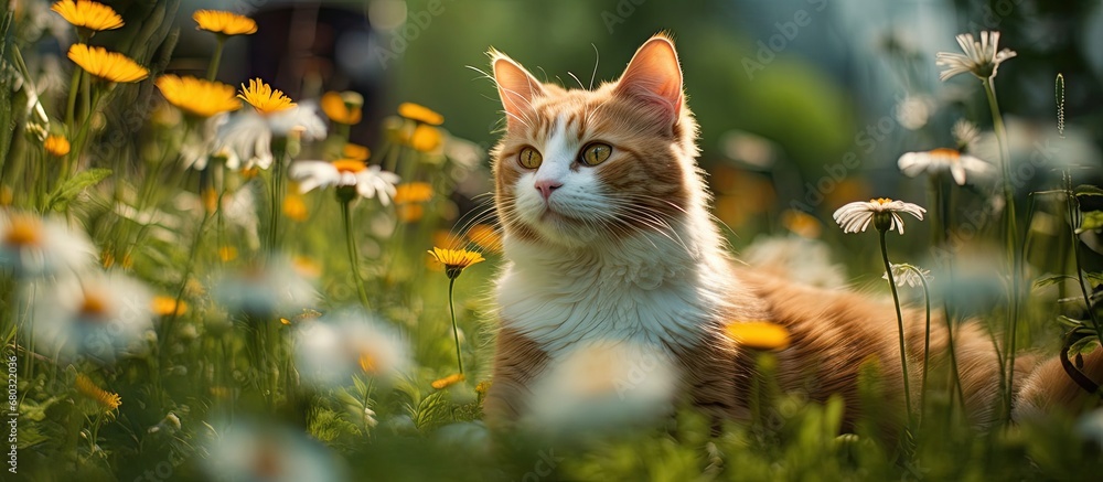 In the background of a sunny summer day, amidst the vibrant nature of spring, a cat with white fur gracefully rests on the green grass of the garden, its orange eyes matching the color of the blooming