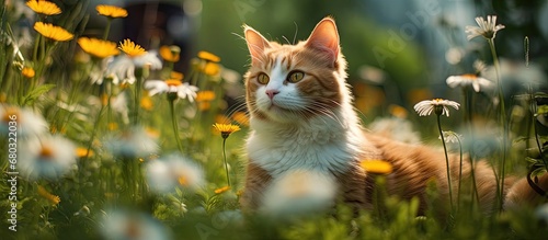 In the background of a sunny summer day, amidst the vibrant nature of spring, a cat with white fur gracefully rests on the green grass of the garden, its orange eyes matching the color of the blooming photo