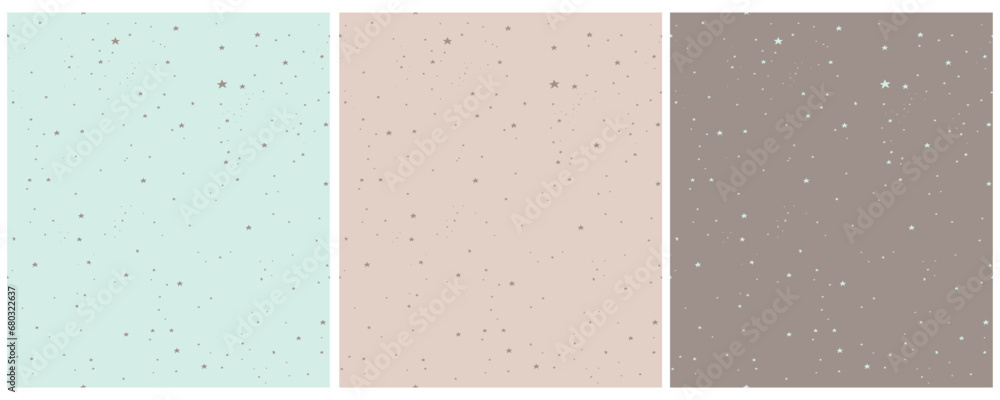 Tiny Stars Seamless Vector Patterns. Irregular Hand Drawn Simple Starry Print for Fabric, Wrapping Paper. Infantile Style Galaxy Design. Little Stars Isolated on a Mint Blue, Beige and Dusty Brown.RGB - obrazy, fototapety, plakaty 