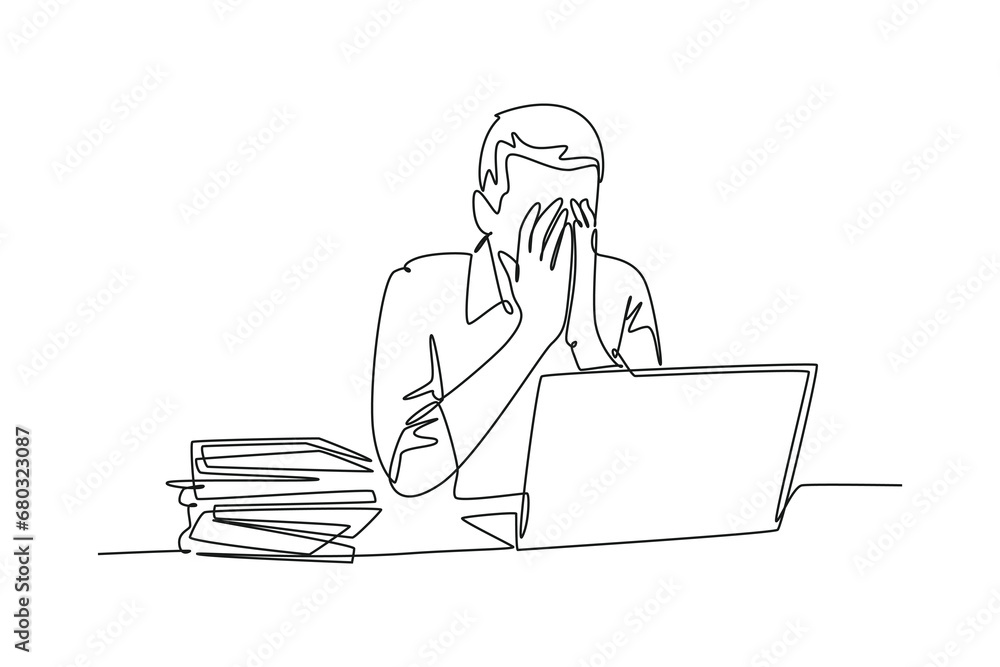 Continuous one line drawing young sleepy startup CEO fall asleep on laptop desk while he was reading. Work overload fatigue at the office concept. Single line draw design vector graphic illustration Continuous one line drawing young sleepy startup CEO fall asleep on laptop desk while he was reading. Work overload fatigue at the office concept. Single line draw design vector graphic illustration
