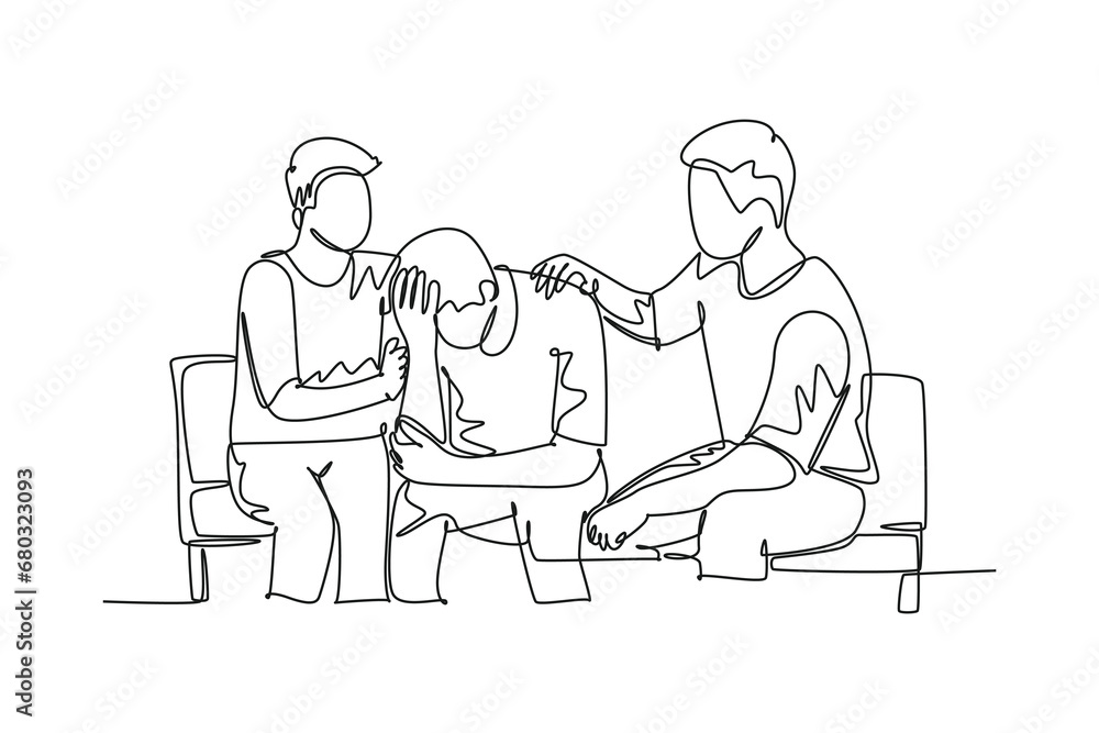 Single continuous line drawing two young male workers cheering his sad and despair office friend while sitting on bench. Work partner business support. One line draw graphic design vector illustration