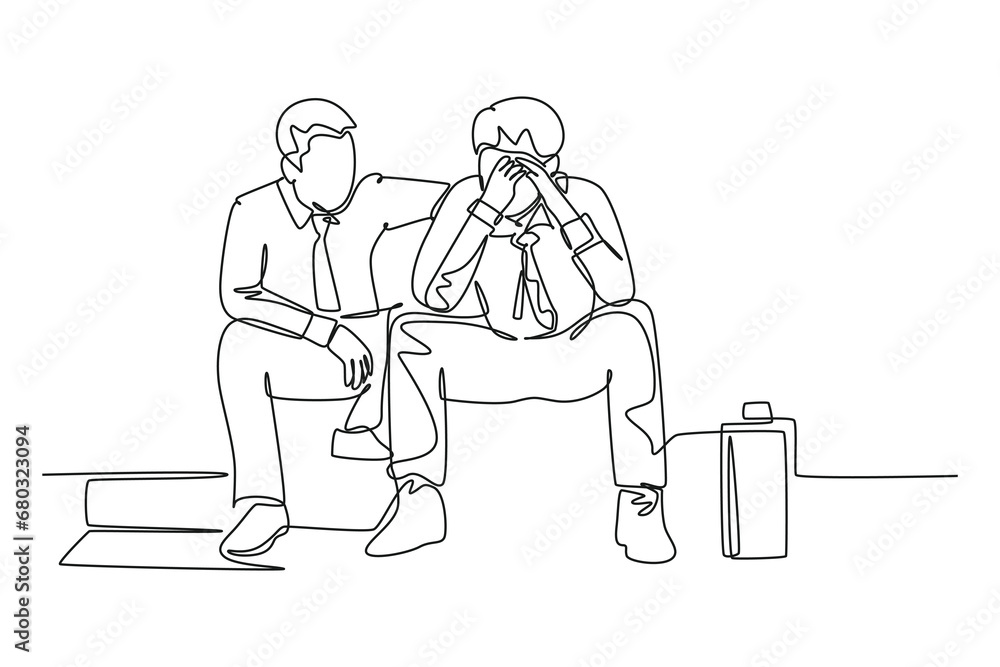 Single continuous line drawing young male worker hugging and cheering his sad and despair office friend. Work partner business support concept. Dynamic one line draw graphic design vector illustration