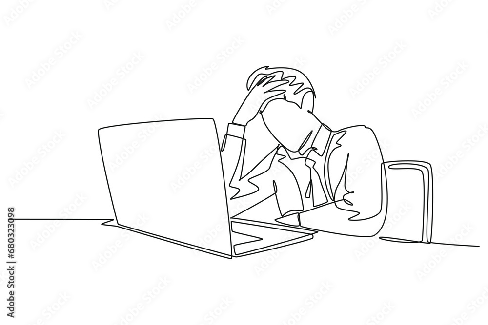 Single continuous line drawing tired office worker facing laptop screen. Businessman feeling bad. Holding head. Headache sick, exhausted, stressed, depression. One line draw design vector illustration Single continuous line drawing tired office worker facing laptop screen. Businessman feeling bad. Holding head. Headache sick, exhausted, stressed, depression. One line draw design vector illustration