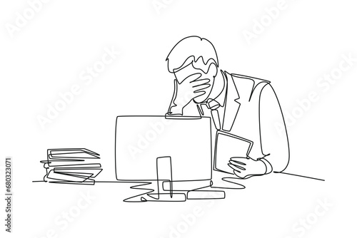 Continuous one line drawing of stressful finance manager facing pile of document papers on desk office with computer screen. Work overload project. Single line draw design vector graphic illustration