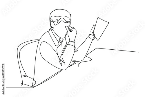 Continuous one line drawing of young despair employee got headache reading of document papers on his desk. Work overload pressure at office concept. Single line draw design vector graphic illustration