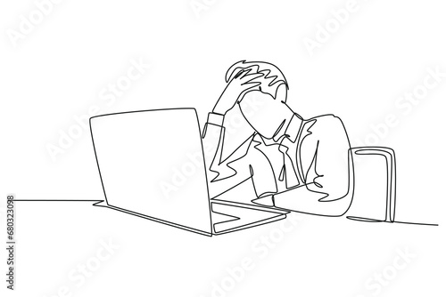 Single continuous line drawing tired office worker facing laptop screen. Businessman feeling bad. Holding head. Headache sick, exhausted, stressed, depression. One line draw design vector illustration