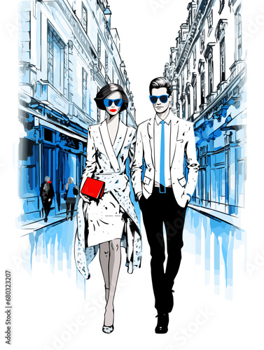 A Man And Woman In A City - Fashion illustration of Couple in Paris