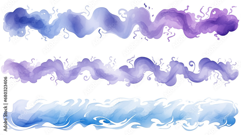 Set of purple and blue swashes, watercolor wave paint abstract border frame for design layout, isolated on a transparent background. Generative AI Set of purple and blue swashes, watercolor wave paint abstract border frame for design layout, isolated on a transparent background. Generative AI