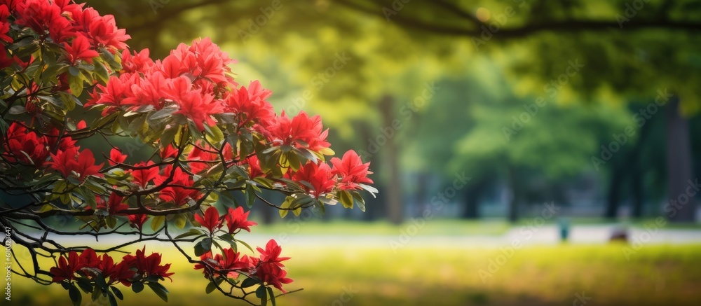 In the beautiful summer park, a love for nature is evident as vibrant red flowers bloom, their floral beauty standing out against the lush green leaves, creating a stunning contrast of colors.
