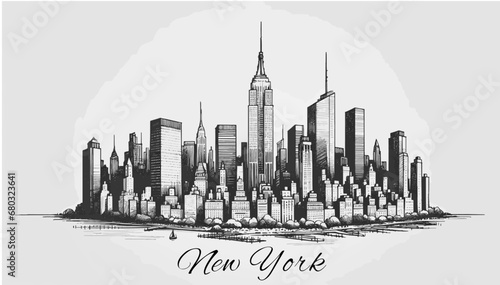 Diese atemberaubende Vektor-Illustration zeigt die  Skyline von New York City in einem detailreichen Panoramastil. dieses Kunstwerk erfasst die ikonischen Wolkenkratzer der Stadt die niemals schläft. photo