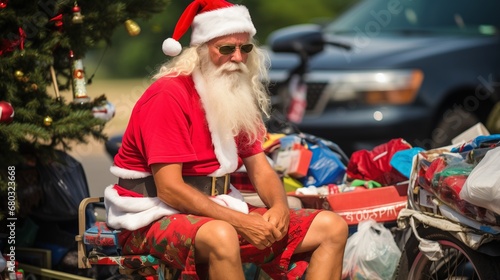 Sad homeless or idle, unemployed man dressed in a Santa Claus costume in summer, sitting outdoors near a mess of bags, a bicycle, a christmas tree with decorations, and a car in blurred background