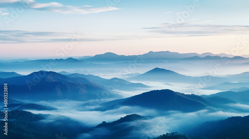 Beautiful landscape with foggy mountain valley, AI Generative. © Miry Haval