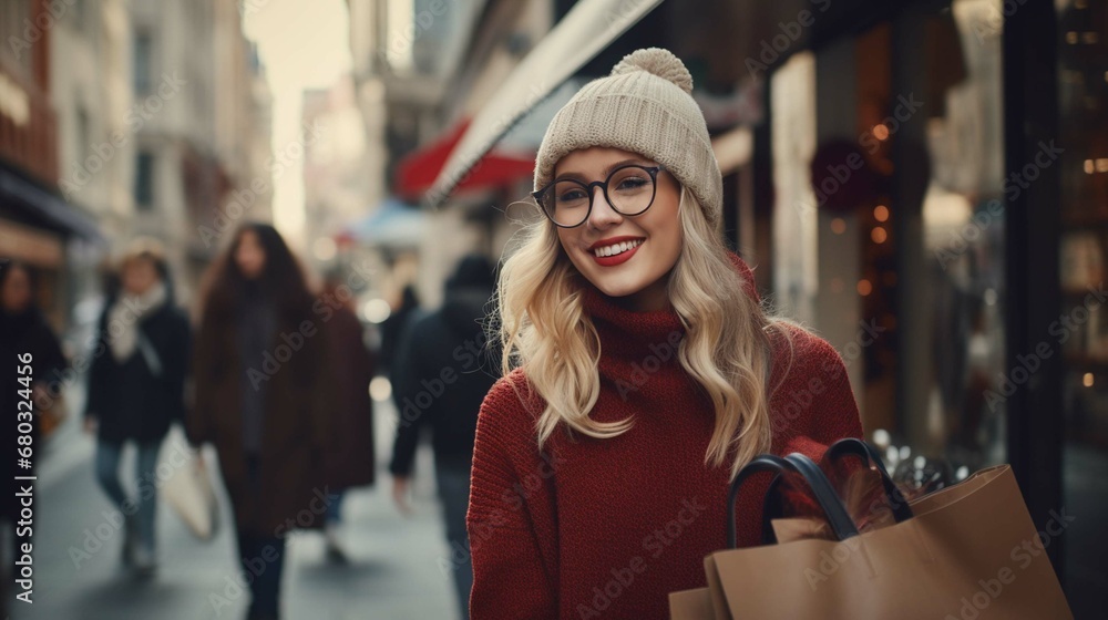 Happy young blonde woman in eyeglasses, knitted sweater and hat with shopping bags on city street. create using a generative ai tool 