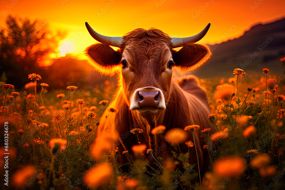 A cow in a field of flowers on a sunset. Generative AI