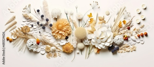 In the background, an abstract design with a textured paper, isolated from natures beauty, showcases the business of agriculture with artful arrangements of food and flowers in various shades of white