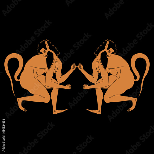 Symmetrical ethnic design with two squatting ancient Greek satyrs. Vase painting style.