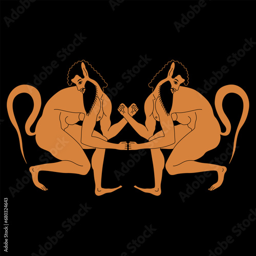Symmetrical ethnic design with two squatting ancient Greek satyrs. Vase painting style.	
