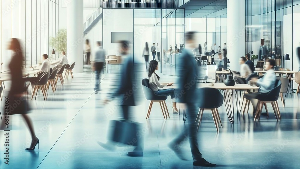 crowd business workplace with people in walking in blurred motion in modern office space - obrazy, fototapety, plakaty 
