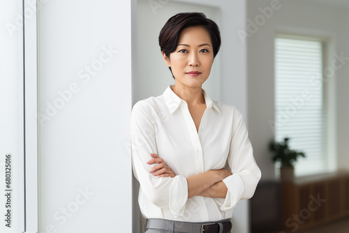 Japanische Businessfrau mit verschränkten Armen stehend vor einem Fenster, weißen Wand, selbstbewusst, stark, Führungskraft, Business Outfit