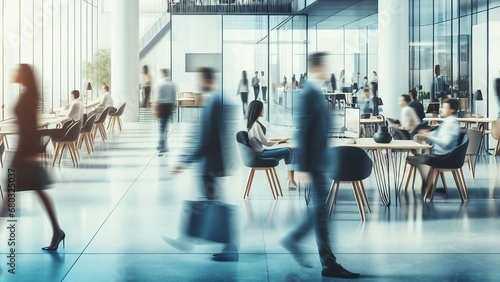 crowd business workplace with people in walking in blurred motion in modern office space photo