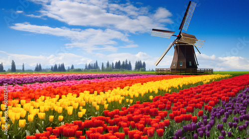 Charming Wooden Windmill Amidst Colorful Tulip Fields, Enhanced with Bright and Vibrant Tones to Evoke a Cheerful and Picturesque Ambiance