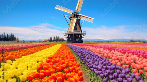 Charming Wooden Windmill Amidst Colorful Tulip Fields, Enhanced with Bright and Vibrant Tones to Evoke a Cheerful and Picturesque Ambiance