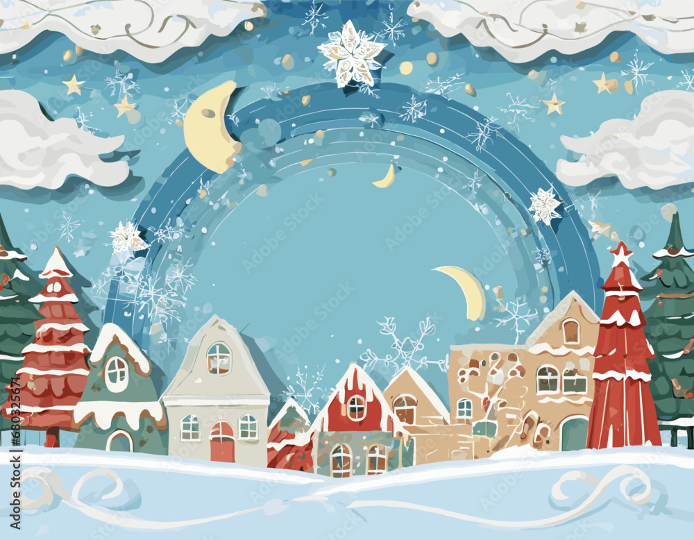 Winter christmas banner composition in paper cut style. Christmas Vector illustration.