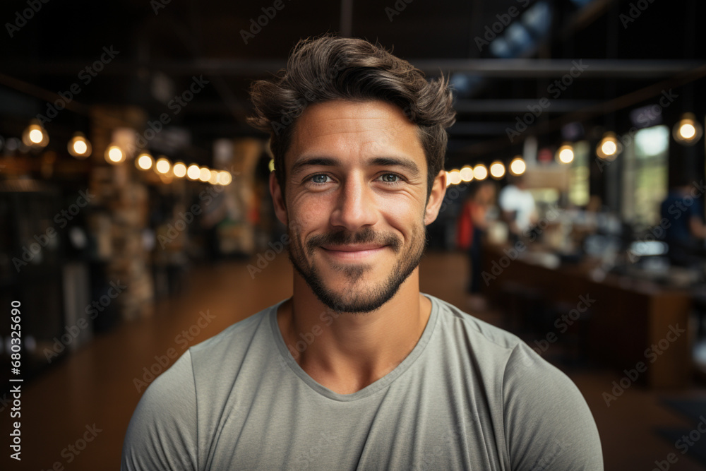 Active life, getting stronger, sport concept. Selfie smiling portrait of muscled man, male sportsman in sportswear doing training workout at gym, athlete looks friendly, happy and welcoming Active life, getting stronger, sport concept. Selfie smiling portrait of muscled man, male sportsman in sportswear doing training workout at gym, athlete looks friendly, happy and welcoming