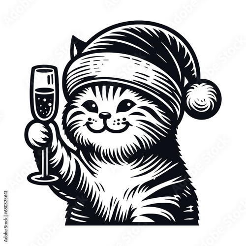 cute cat wearing a Christmas hat holding a glass of champagne 