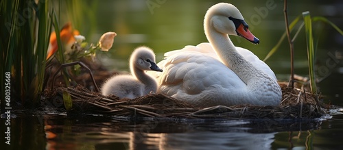 In the peaceful embrace of its parent's grand wing, a cute cygnet finds comfort and shelter, nestled snugly under the protective guardian of nature. The idyllic scene unfolds along the serene waters